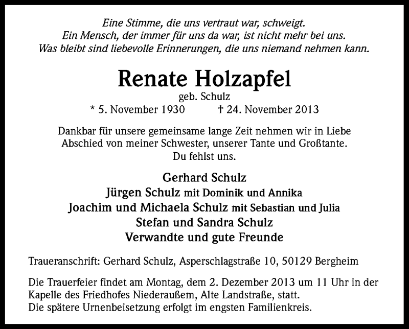  Traueranzeige für Renate Holzapfel vom 30.11.2013 aus Kölner Stadt-Anzeiger / Kölnische Rundschau / Express