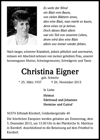 Anzeige von Christina Eigner von Kölner Stadt-Anzeiger / Kölnische Rundschau / Express