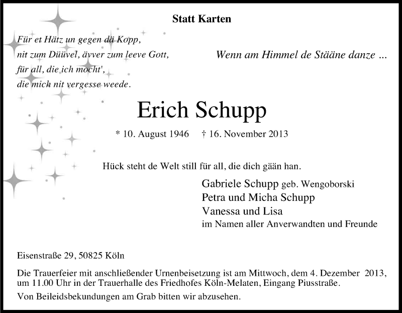  Traueranzeige für Erich Schupp vom 30.11.2013 aus Kölner Stadt-Anzeiger / Kölnische Rundschau / Express