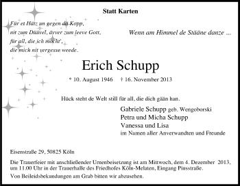 Anzeige von Erich Schupp von Kölner Stadt-Anzeiger / Kölnische Rundschau / Express