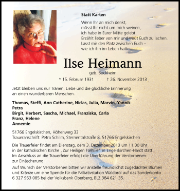 Anzeige von Ilse Heimann von Kölner Stadt-Anzeiger / Kölnische Rundschau / Express