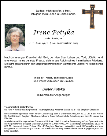Anzeige von Irene Potyka von Kölner Stadt-Anzeiger / Kölnische Rundschau / Express