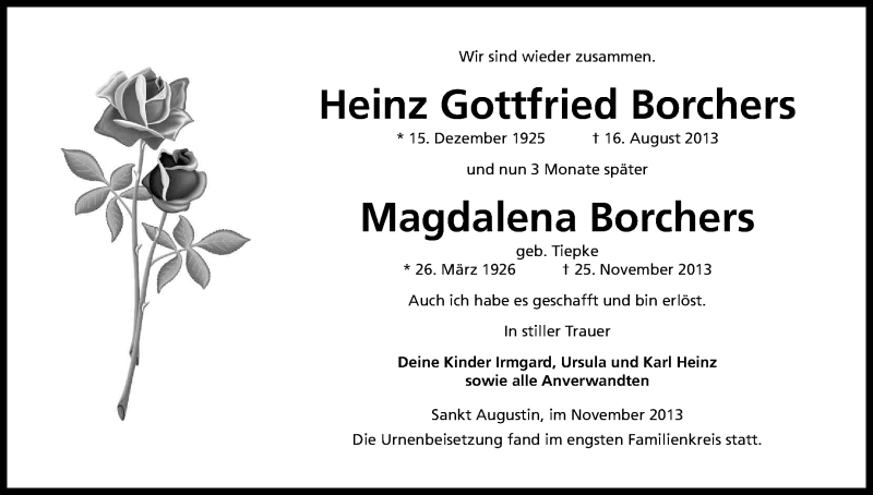  Traueranzeige für Heinz Gottfried Borchers vom 30.11.2013 aus Kölner Stadt-Anzeiger / Kölnische Rundschau / Express