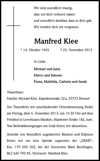 Anzeige von Manfred Klee von Kölner Stadt-Anzeiger / Kölnische Rundschau / Express
