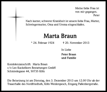 Anzeige von Marta Braun von Kölner Stadt-Anzeiger / Kölnische Rundschau / Express