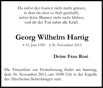 Anzeige von Georg Wilhelm Hartig von Kölner Stadt-Anzeiger / Kölnische Rundschau / Express