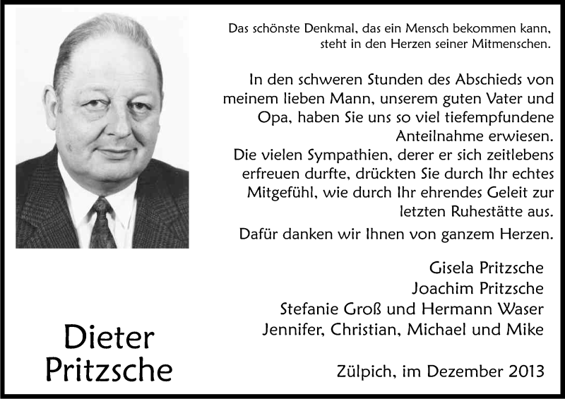  Traueranzeige für Dieter Pritzsche vom 07.12.2013 aus Kölner Stadt-Anzeiger / Kölnische Rundschau / Express