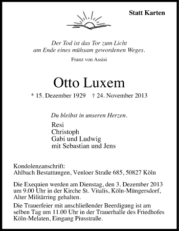 Anzeige von Otto Luxem von Kölner Stadt-Anzeiger / Kölnische Rundschau / Express