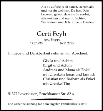 Anzeige von Gerti Feyh von Kölner Stadt-Anzeiger / Kölnische Rundschau / Express