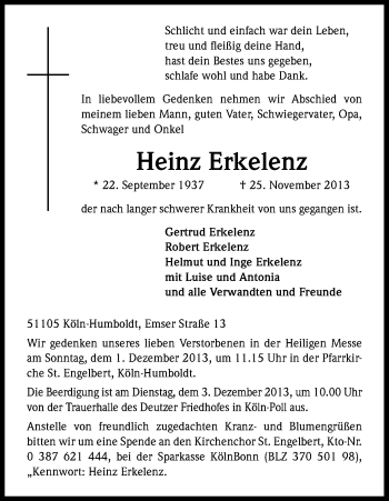 Anzeige von Heinz Erkelenz von Kölner Stadt-Anzeiger / Kölnische Rundschau / Express