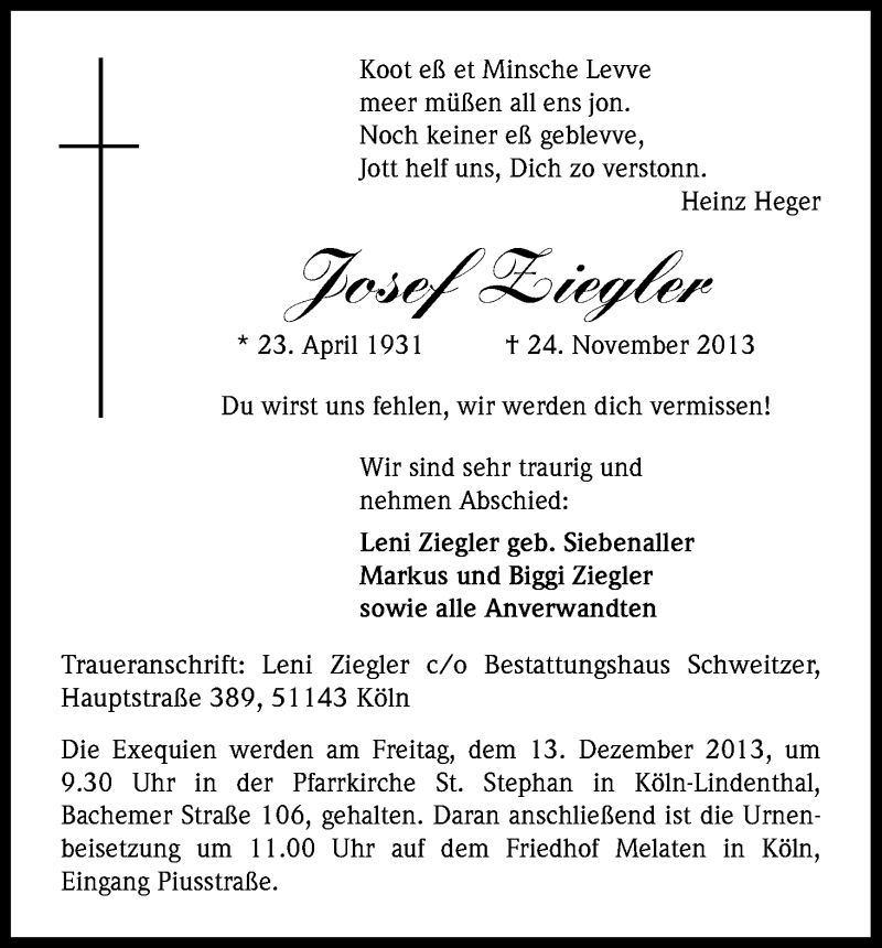  Traueranzeige für Josef Ziegler vom 07.12.2013 aus Kölner Stadt-Anzeiger / Kölnische Rundschau / Express