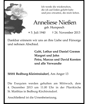 Anzeige von Anneliese Nießen von Kölner Stadt-Anzeiger / Kölnische Rundschau / Express