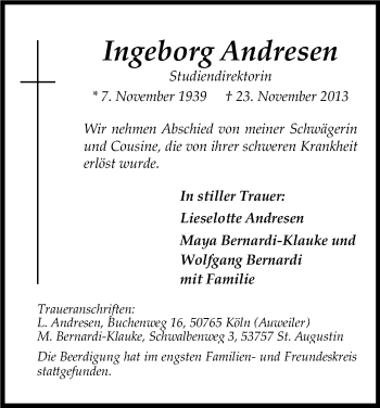 Anzeige von Ingeborg Andresen von Kölner Stadt-Anzeiger / Kölnische Rundschau / Express