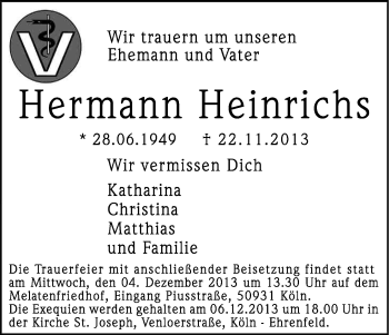 Anzeige von Hermann Heinrichs von Kölner Stadt-Anzeiger / Kölnische Rundschau / Express