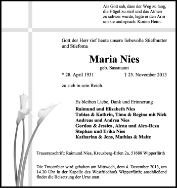 Anzeige von Maria Nies von Kölner Stadt-Anzeiger / Kölnische Rundschau / Express