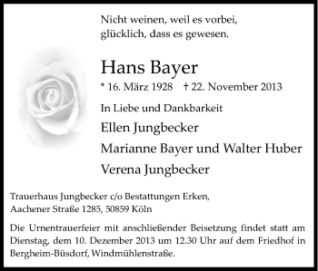 Anzeige von Hans Bayer von Kölner Stadt-Anzeiger / Kölnische Rundschau / Express