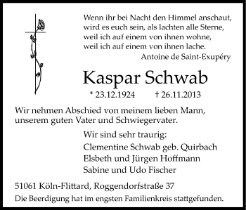 Anzeige von Kaspar Schwab von Kölner Stadt-Anzeiger / Kölnische Rundschau / Express