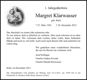 Anzeige von Margret Klarwasser von Kölner Stadt-Anzeiger / Kölnische Rundschau / Express