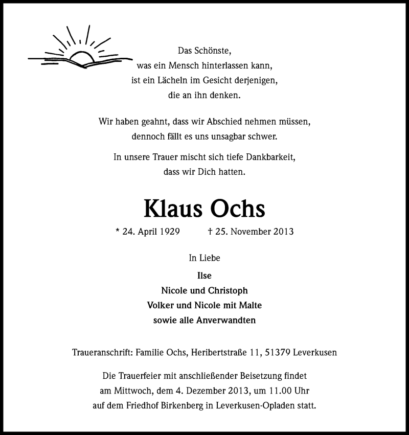  Traueranzeige für Klaus Ochs vom 30.11.2013 aus Kölner Stadt-Anzeiger / Kölnische Rundschau / Express