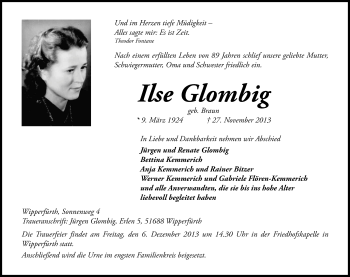 Anzeige von Glombig Ilse von Kölner Stadt-Anzeiger / Kölnische Rundschau / Express