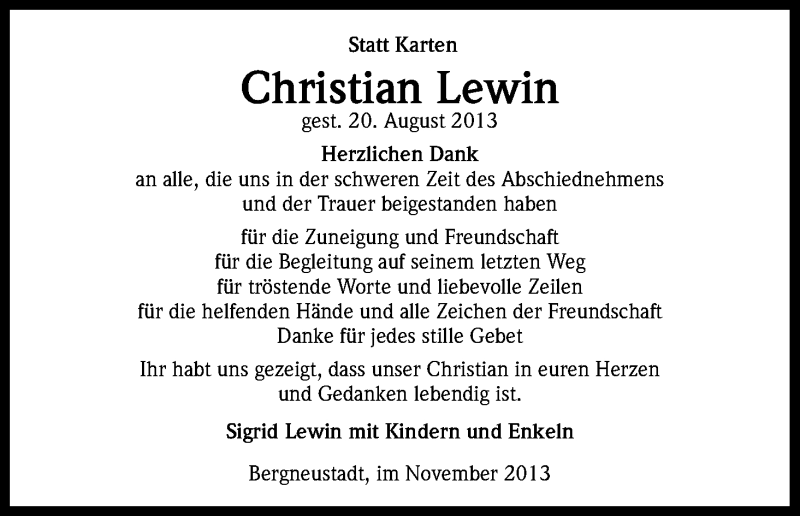  Traueranzeige für Christian Lewin vom 30.11.2013 aus Kölner Stadt-Anzeiger / Kölnische Rundschau / Express
