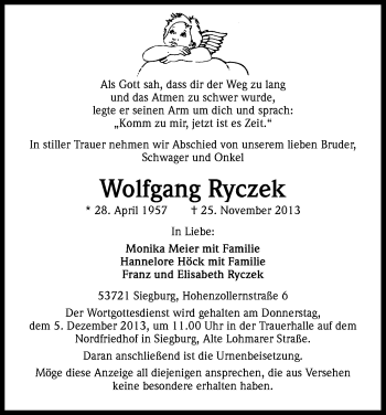 Anzeige von Wolfgang Ryczek von Kölner Stadt-Anzeiger / Kölnische Rundschau / Express