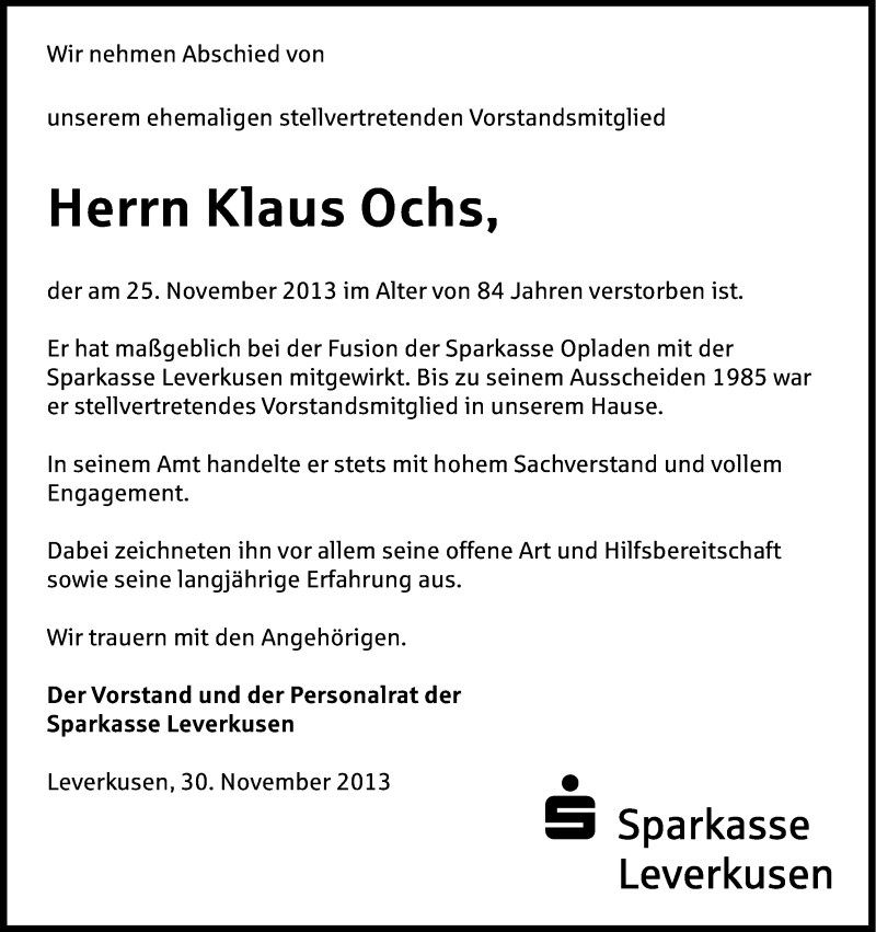  Traueranzeige für Klaus Ochs vom 30.11.2013 aus Kölner Stadt-Anzeiger / Kölnische Rundschau / Express