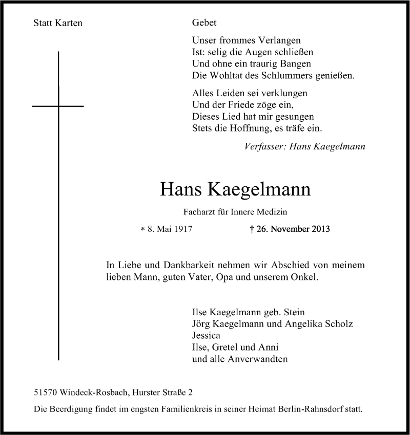  Traueranzeige für Hans Kaegelmann vom 30.11.2013 aus Kölner Stadt-Anzeiger / Kölnische Rundschau / Express