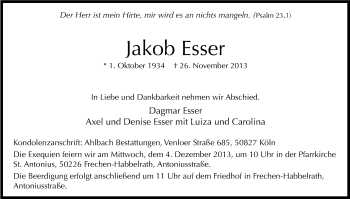 Anzeige von Jakob Esser von Kölner Stadt-Anzeiger / Kölnische Rundschau / Express