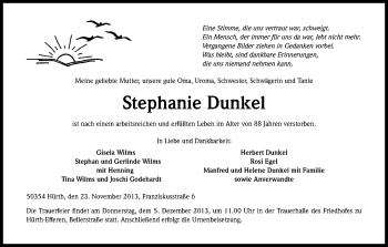 Anzeige von Stephanie Dunkel von Kölner Stadt-Anzeiger / Kölnische Rundschau / Express