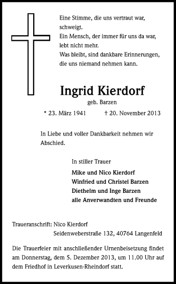 Anzeige von Ingrid Kierdorf von Kölner Stadt-Anzeiger / Kölnische Rundschau / Express