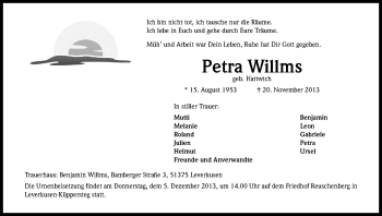 Anzeige von Petra Willms von Kölner Stadt-Anzeiger / Kölnische Rundschau / Express