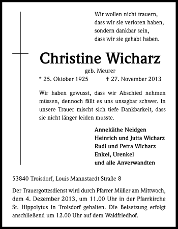 Anzeige von Christine Wicharz von Kölner Stadt-Anzeiger / Kölnische Rundschau / Express
