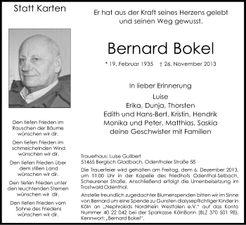 Anzeige von Bernhard Bokel von Kölner Stadt-Anzeiger / Kölnische Rundschau / Express