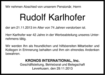 Anzeige von Rudolf Karlhofer von Kölner Stadt-Anzeiger / Kölnische Rundschau / Express