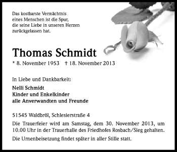 Anzeige von Thomas Schmidt von Kölner Stadt-Anzeiger / Kölnische Rundschau / Express