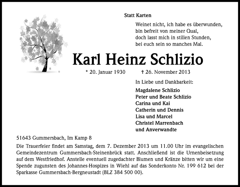  Traueranzeige für Karl Heinz Schlizio vom 30.11.2013 aus Kölner Stadt-Anzeiger / Kölnische Rundschau / Express
