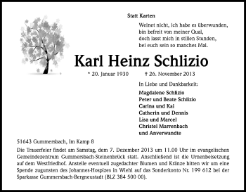 Anzeige von Karl Heinz Schlizio von Kölner Stadt-Anzeiger / Kölnische Rundschau / Express