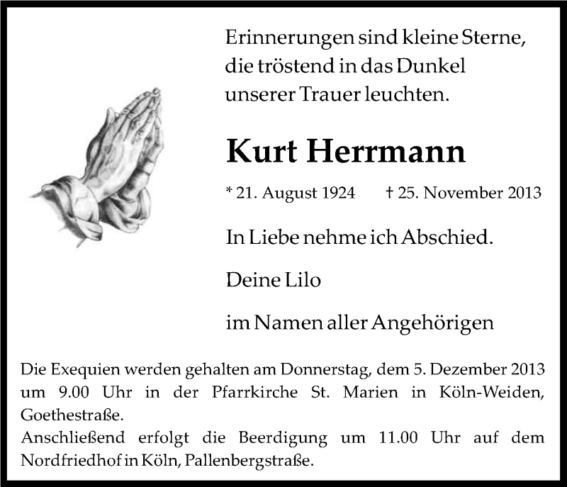  Traueranzeige für Kurt Herrmann vom 30.11.2013 aus Kölner Stadt-Anzeiger / Kölnische Rundschau / Express