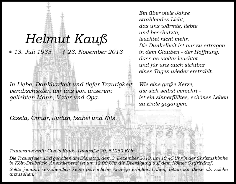  Traueranzeige für Helmut Krauß vom 30.11.2013 aus Kölner Stadt-Anzeiger / Kölnische Rundschau / Express