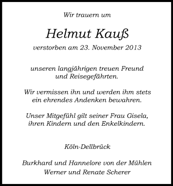 Anzeige von Helmut Krauß von Kölner Stadt-Anzeiger / Kölnische Rundschau / Express