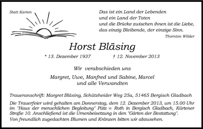  Traueranzeige für Horst Bläsing vom 30.11.2013 aus Kölner Stadt-Anzeiger / Kölnische Rundschau / Express