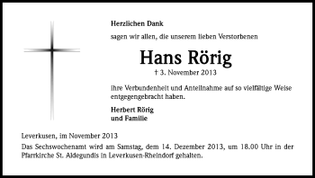 Anzeige von Hans Röhrig von Kölner Stadt-Anzeiger / Kölnische Rundschau / Express