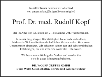 Anzeige von Rudolf Kopf von Kölner Stadt-Anzeiger / Kölnische Rundschau / Express