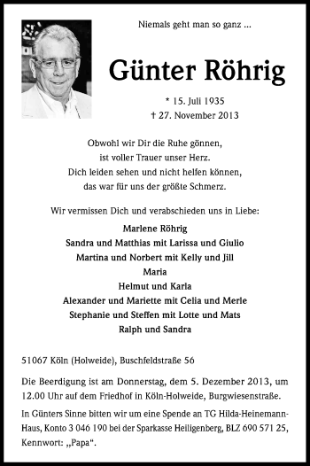 Anzeige von Günter Röhrig von Kölner Stadt-Anzeiger / Kölnische Rundschau / Express