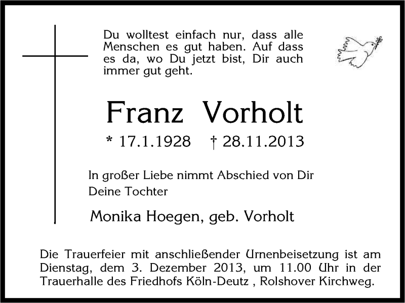  Traueranzeige für Franz Vorholt vom 30.11.2013 aus Kölner Stadt-Anzeiger / Kölnische Rundschau / Express