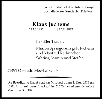 Anzeige von Klaus Juchems von Kölner Stadt-Anzeiger / Kölnische Rundschau / Express