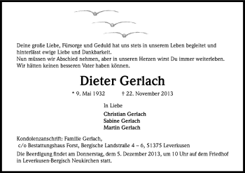 Anzeige von Dieter Gerlach von Kölner Stadt-Anzeiger / Kölnische Rundschau / Express