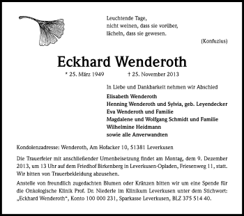 Anzeige von Eckhard Wenderoth von Kölner Stadt-Anzeiger / Kölnische Rundschau / Express