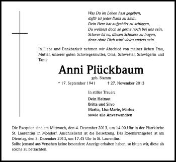 Anzeige von Anni Plückbaum von Kölner Stadt-Anzeiger / Kölnische Rundschau / Express